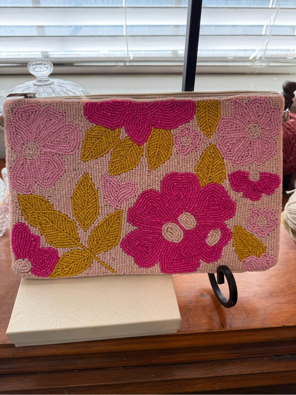 Pink Floral Beaded Clutch Crossbody Bag Chain Strap